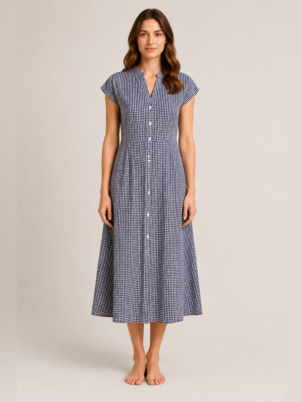 Uniqlo | Button-Front Gingham Midi Dress | Navy | S